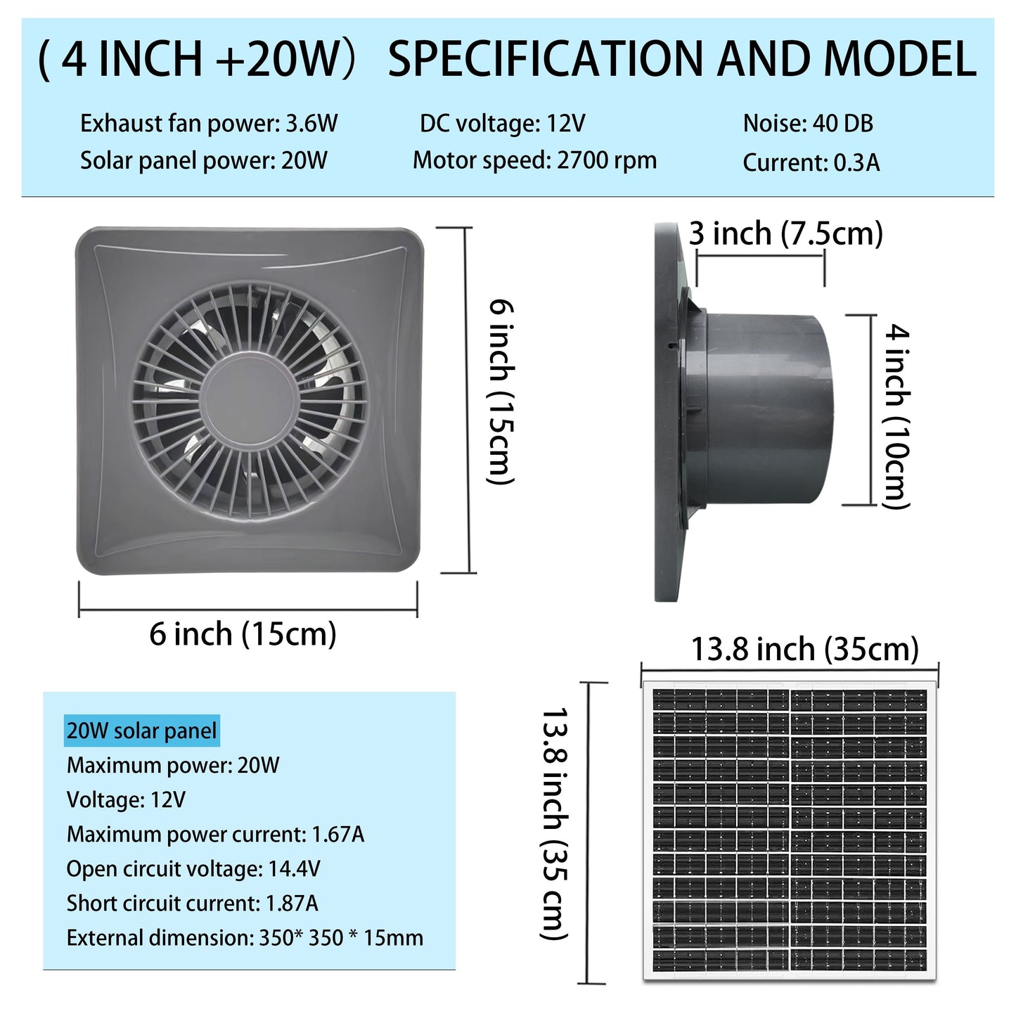 Solar-powered 10.16cm fan with weatherproof design and durable aluminum housing. Perfect for chicken coops, sheds, and greenhouses. Includes 5m cable.