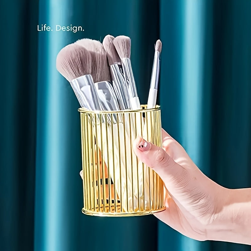 Stylish metal pen holders for makeup brushes, office supplies, and vanity storage.