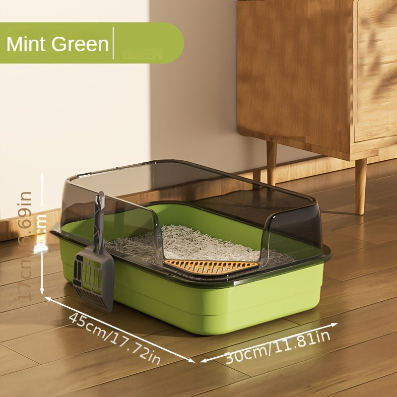 Extra large semi-enclosed cat litter box with high fence, splash-proof design, and 12.1L capacity. Made of durable plastic/polypropylene for easy cleaning, suitable for multiple cats.