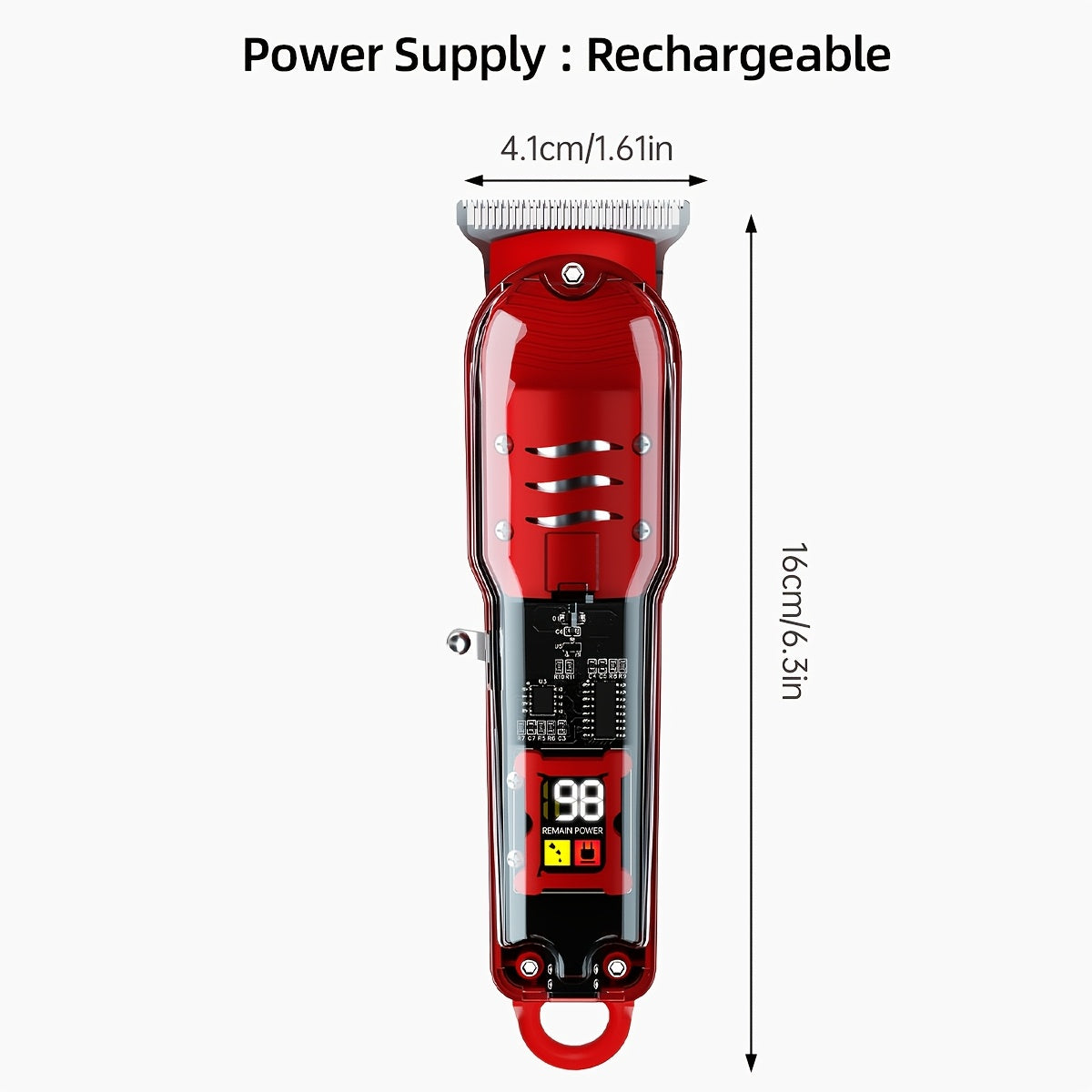 Sleek red electric hair clipper with LCD display, USB rechargeable, ideal for home, travel, and salons.