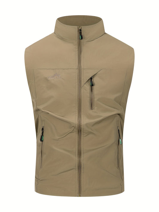 Men's high neck sleeveless jacket with alphabet pattern made of 100% nylon fabric. Features regular fit, multiple zip pockets, and ideal for spring/fall outdoor activities. Can also be worn