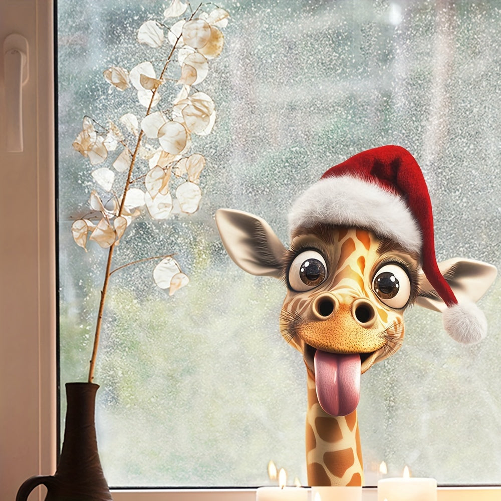 Christmas Giraffe Dog Window Clings, Cute Xmas Giraffe Decals for Window Decor, Festive Giraffe with Sunglasses and Candy Hat Sticker for Living Room or Bedroom Glass Door Decoration