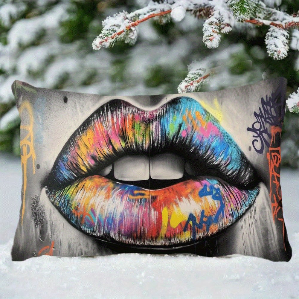 Abstract Graffiti Lips Pillow Cover, 1 piece, measures 50.8X30.48 cm. This Casual Style Polyester Decorative Throw Pillowcase features a convenient Zipper Closure and is Machine Washable, making it suitable for all seasons. Designed for Back Sleepers