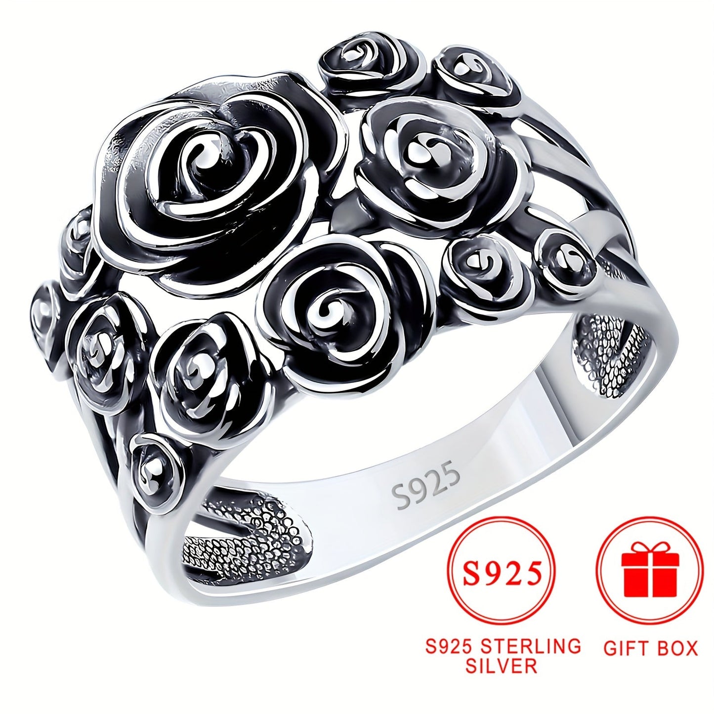 Hollow Rose Flower Ring: A vintage Bohemian style three-dimensional flower ring made of 925 sterling silver, perfect for daily wear or special occasions. Comes with a gift box, making it an ideal holiday gift.