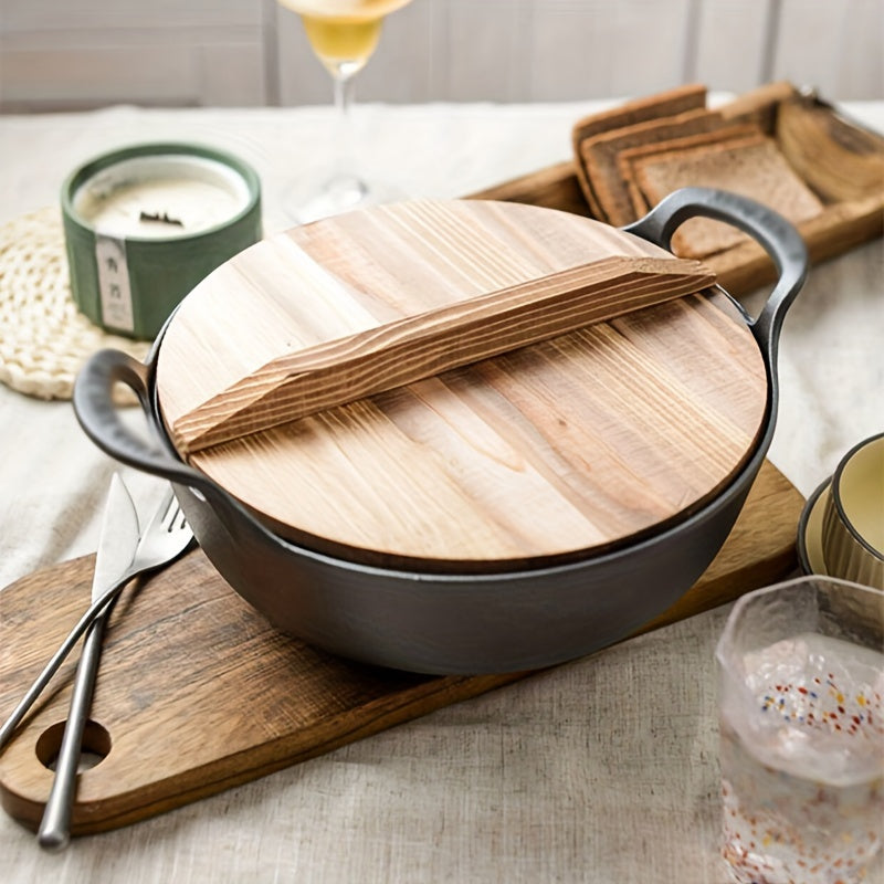 Multipurpose cast iron skillet with wooden lid - Great for frying, sautéing, and stewing - Must-have kitchen tool for home chefs