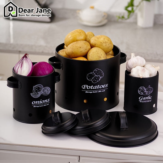 Introducing the Jane Metal Garlic Keeper Set, 3-Pack - Stylish Kitchen Storage Containers for Garlic, Potatoes, and Onions Featuring a Convenient Vented Design