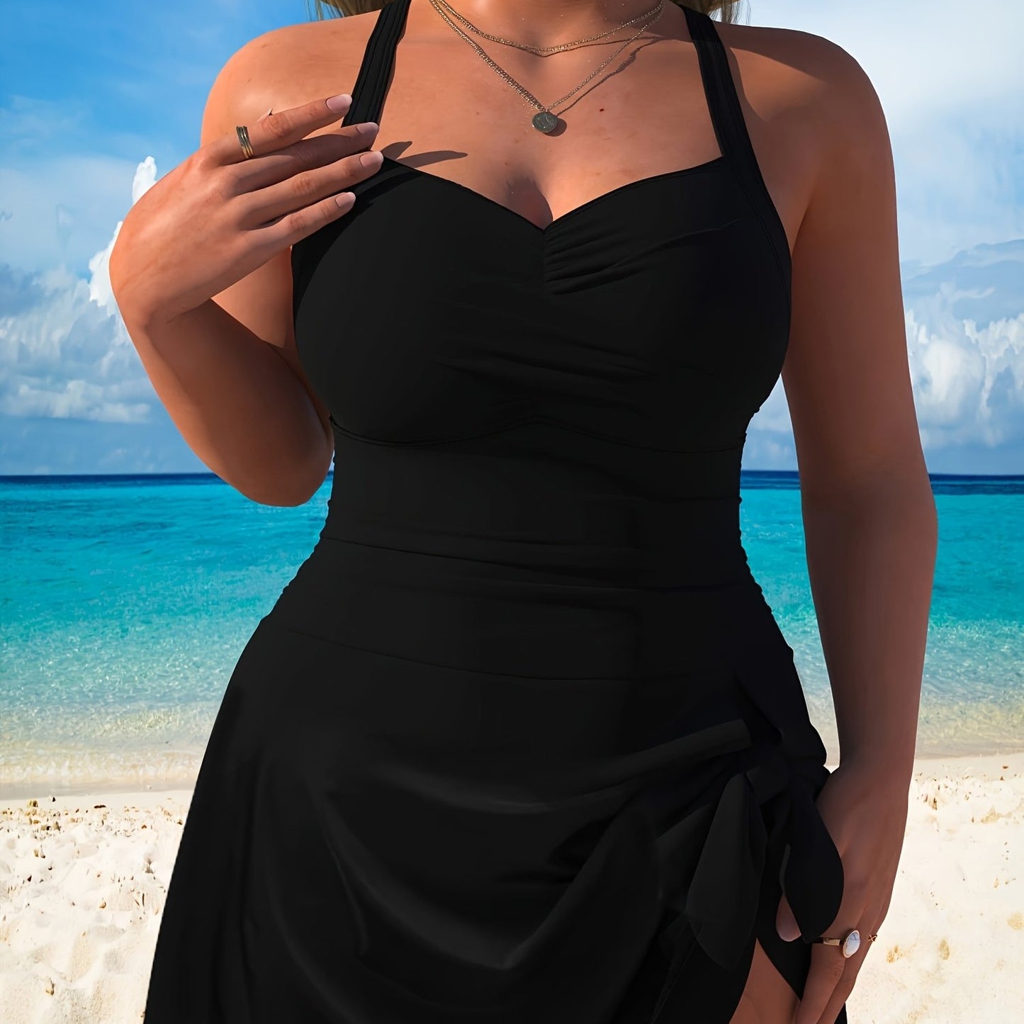 Plus size black swimsuit set for women, machine washable with high stretch nylon fabric.