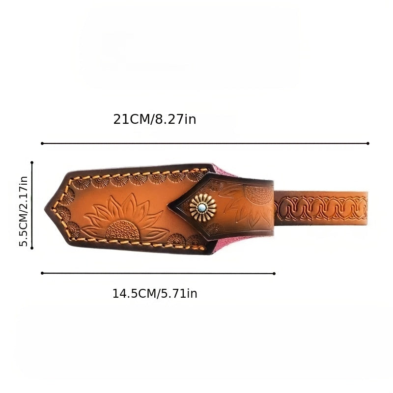 Leather Sheath for Damascus Folding Knife, Beautiful Sunflower Print Design with Convenient Carrying Rope for Easy Transportation