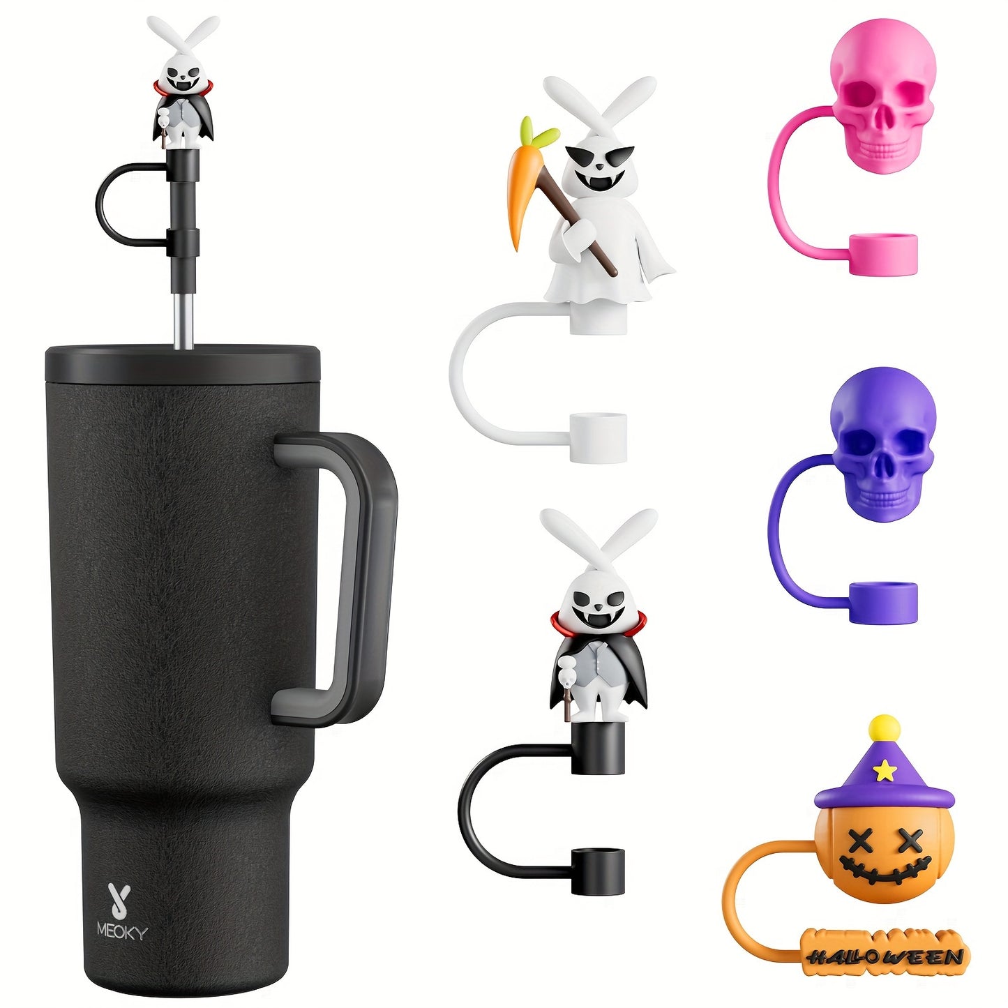 Halloween-themed stainless steel water bottles with BPA-free straw set and fun lids, hand wash only. Includes 6 round bottles and 1 extra straw.