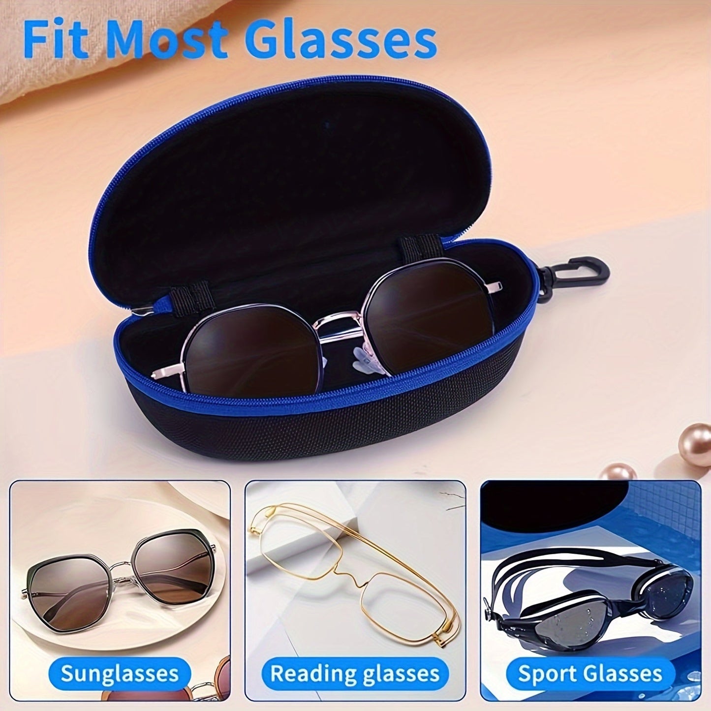 Set of 6 semi-hard sunglass cases with zipper and carabiner hook for travel - protect your eyeglasses on the go