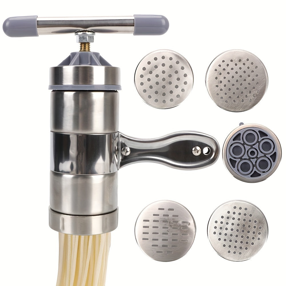 Stainless Steel Pasta Machine with 5 Pressing Moulds for Making Spaghetti and Fruits Juicer - Multifunctional Manual Noodle Maker