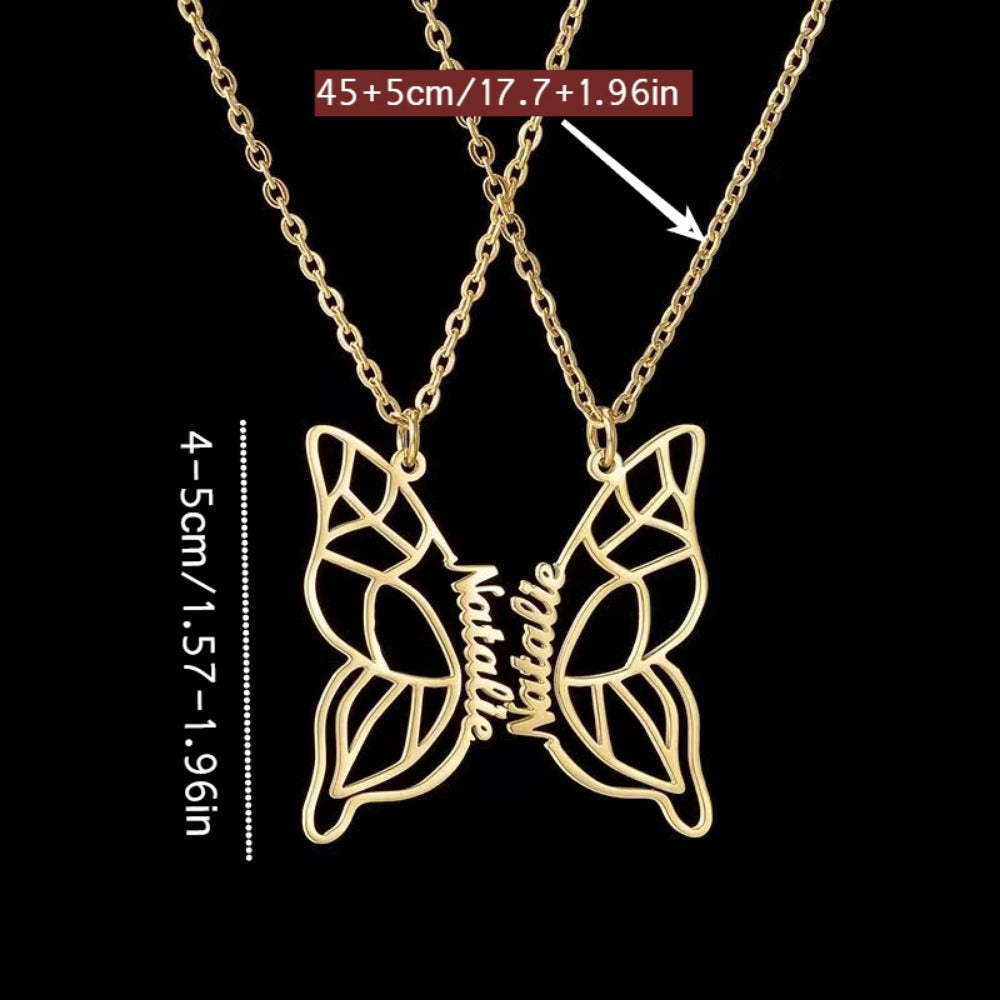 New for 2025, this stylish Butterfly Pendant Necklace features a custom engraved hollow letter design. Made of 18K golden plated stainless steel, this elegant and simple accessory is perfect for couples and best friends. A great fashion gift for any