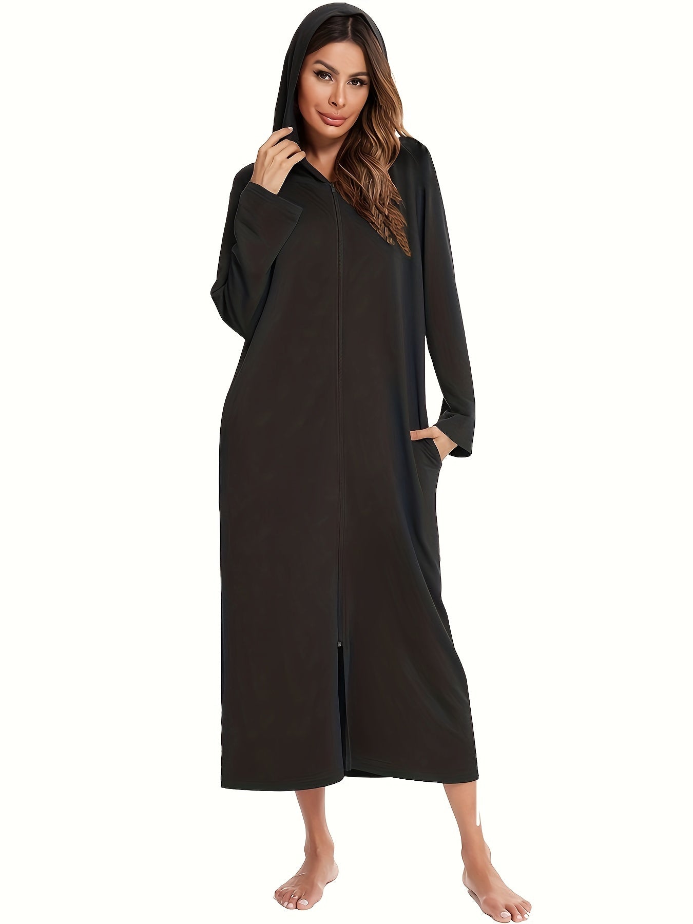 Comfortable zip-up lounge dresses with a hood, perfect for women's loungewear.