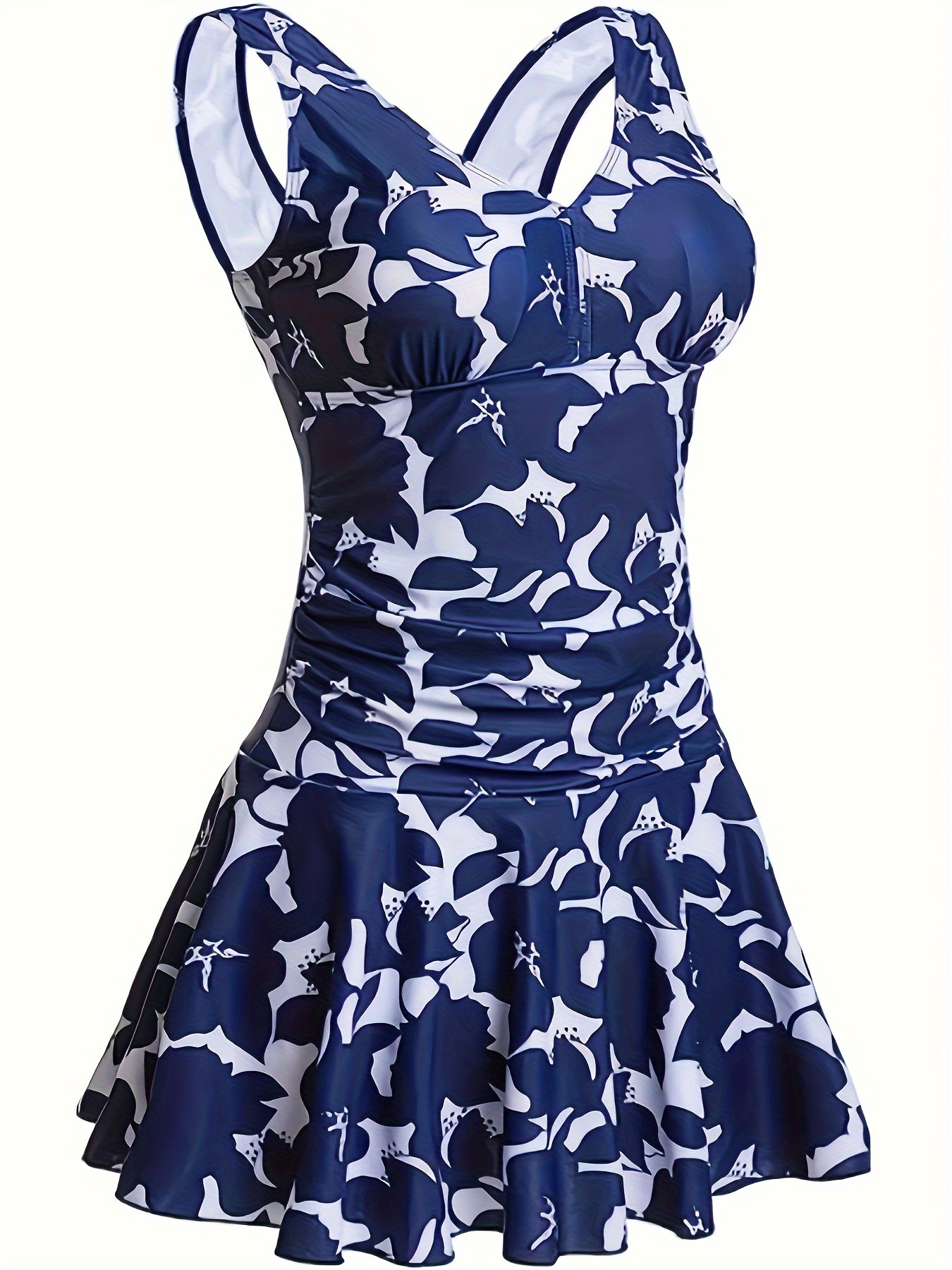 Floral print backless swim dress with built-in shorts, one-piece swimsuit for women.