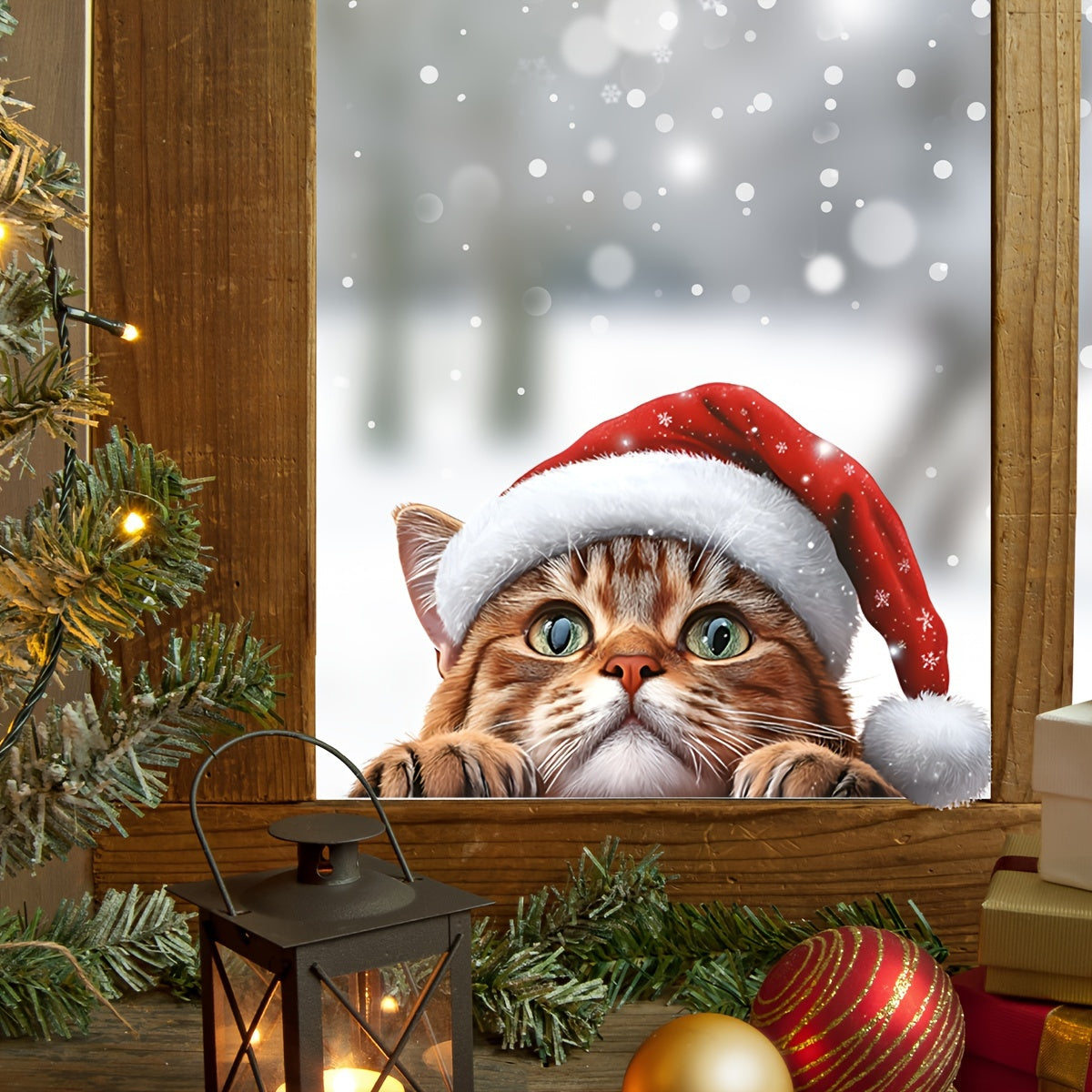 This double-sided static glass sticker features a cat wearing a Christmas hat, perfect for holiday decoration. The self-adhesive sticker is visible on both sides and can be easily applied to windows or glass surfaces. Add a festive touch to your home