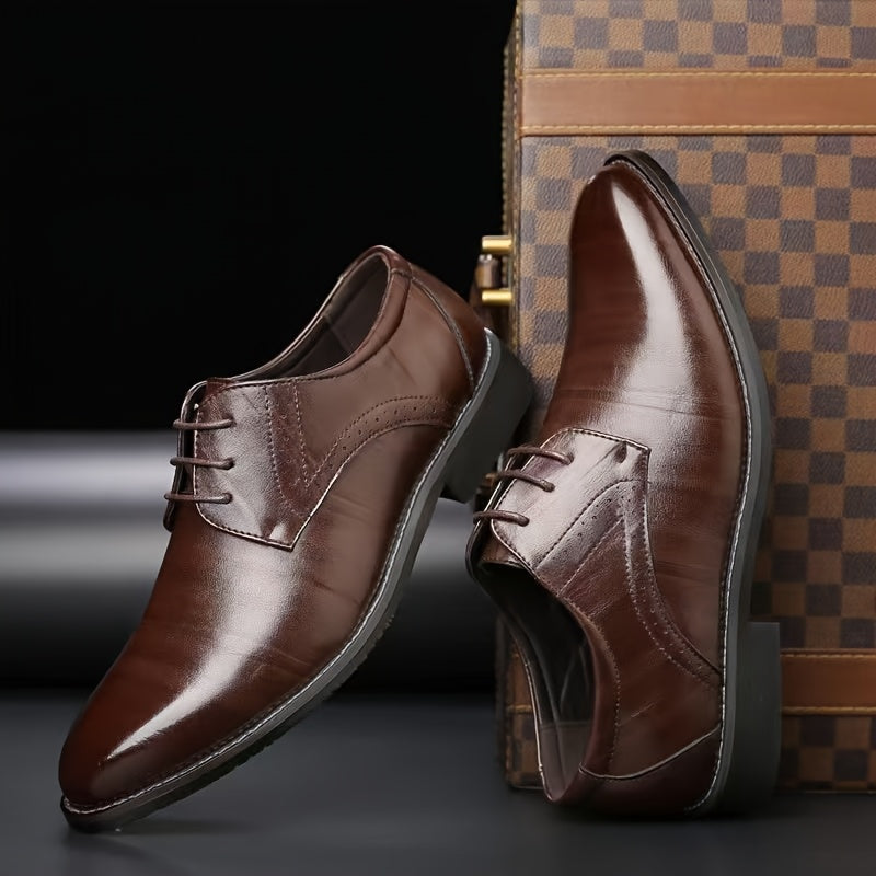 Men's classic oxford shoes with pointed toe, lace-up design, and PU upper and inner. Suitable for business casual, daily wear, wedding, and formal occasions with a rubber sole.