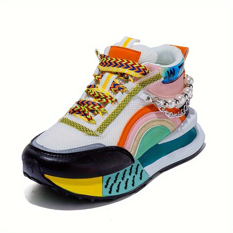 Women's fashion sneakers with sparkling bead chain, breathable mesh, lace-up design for all seasons.