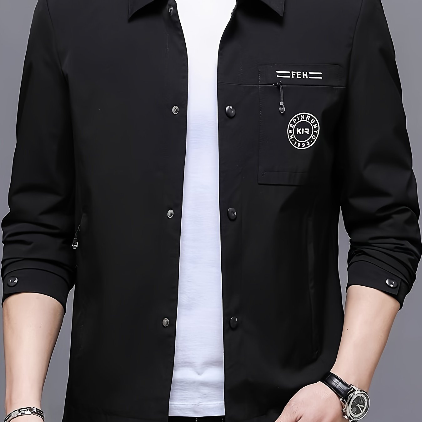 Men's stylish black button-up jacket featuring a "FEM" patch, perfect for casual and formal events in fall and spring. Made of polyester, single-breasted, and long-sleeved.