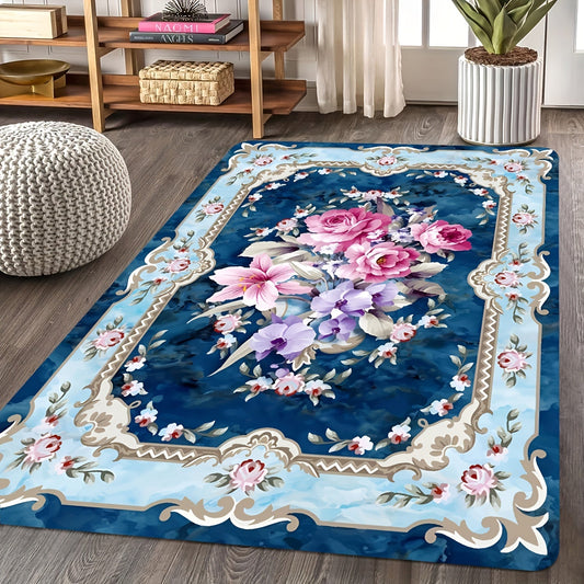 Persian Style Floral Print Rug with Romantic Rose Motif - Vintage Bohemian Style Floor Mat - Washable Throw Rug for Home Decor and Spring Supplies