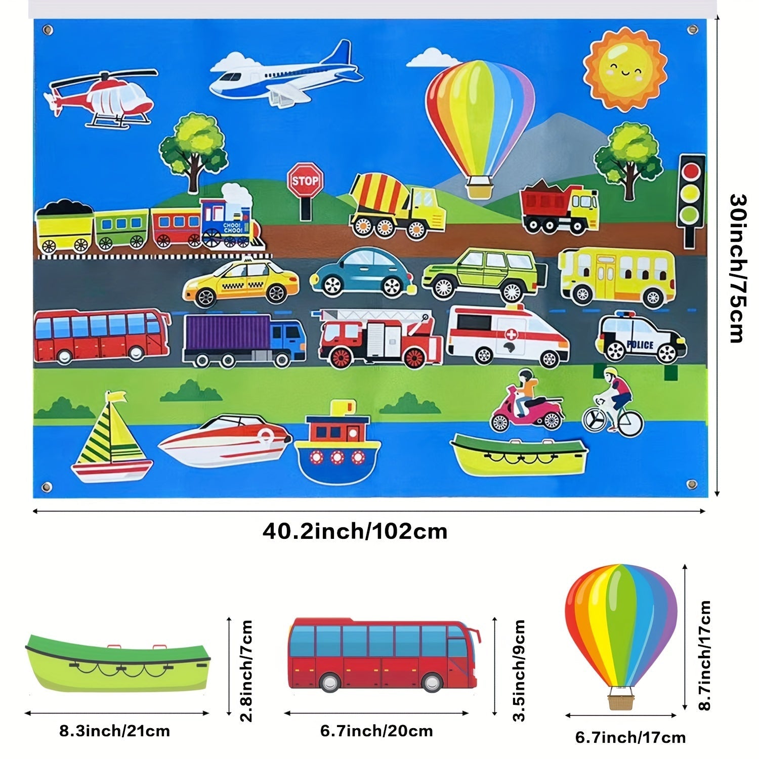 Transportation Felt Storyboard Set for Kids - 30 Pieces of Interactive Play with Planes, Trains, Cars & Boats - Educational Toy for Early Learning - Includes Hooks for Wall Hanging - Great Christmas Present - Measures 106.68cm