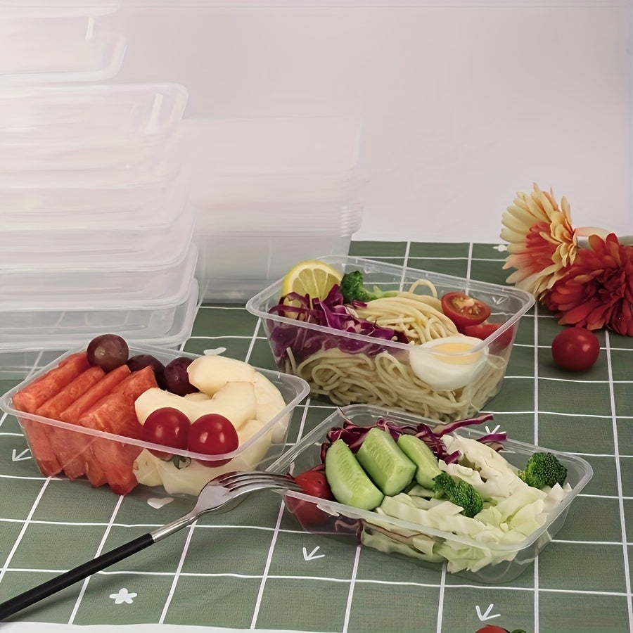 10 to 30 pieces of transparent plastic containers with lids in sizes 17, 22, and 26 ounces. These rectangular food storage containers are BPA free, stackable, leak-proof lunch boxes that are also microwave safe. Perfect for kitchen gadgets and