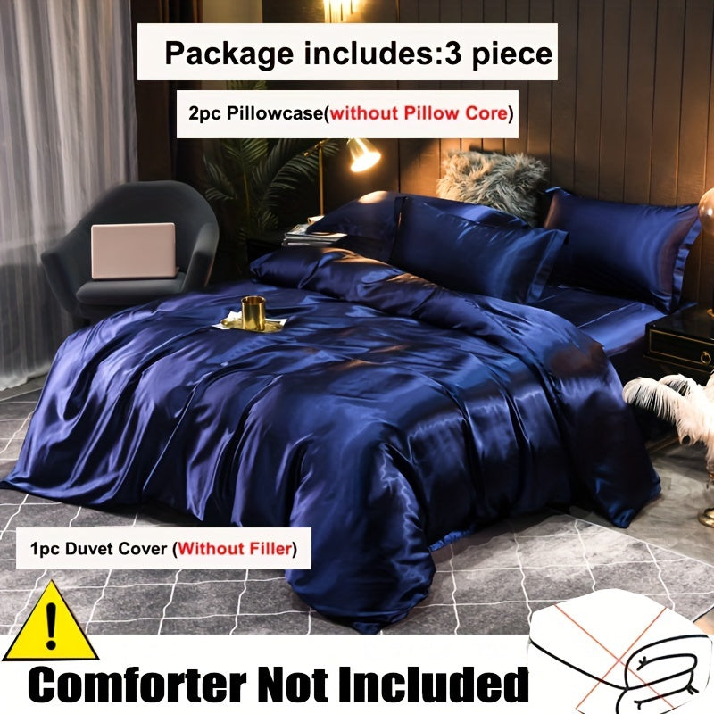 Three solid color satin duvet covers, silky and soft to the touch. Skin-friendly and comfortable, with breathable and sweat-absorbent properties. Perfect for bedrooms and living rooms. Set includes one duvet cover, two pillowcases, no duvet insert