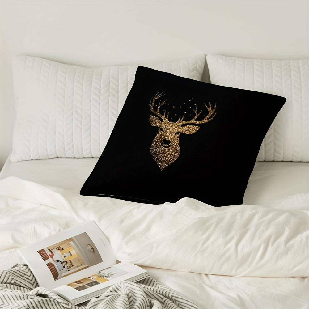 One piece of soft and durable polyester Golden Deer throw pillow cover, perfect for home decor during Halloween and Christmas. Features a double-sided design in mixed colors. Insert not included.