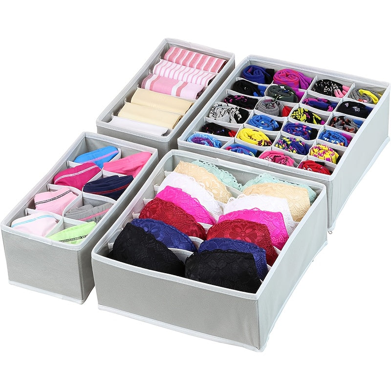 4 Collapsible Storage Boxes measuring 64.01cm X 49.0cm X 10.01cm. Ideal for organizing clothes, socks, belts, and home decor.