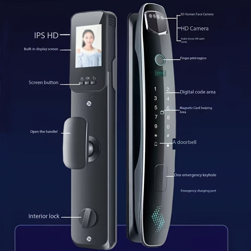 Smart lock with intelligent 3D facial recognition, automatic fingerprint scanning, and password entry for home security.