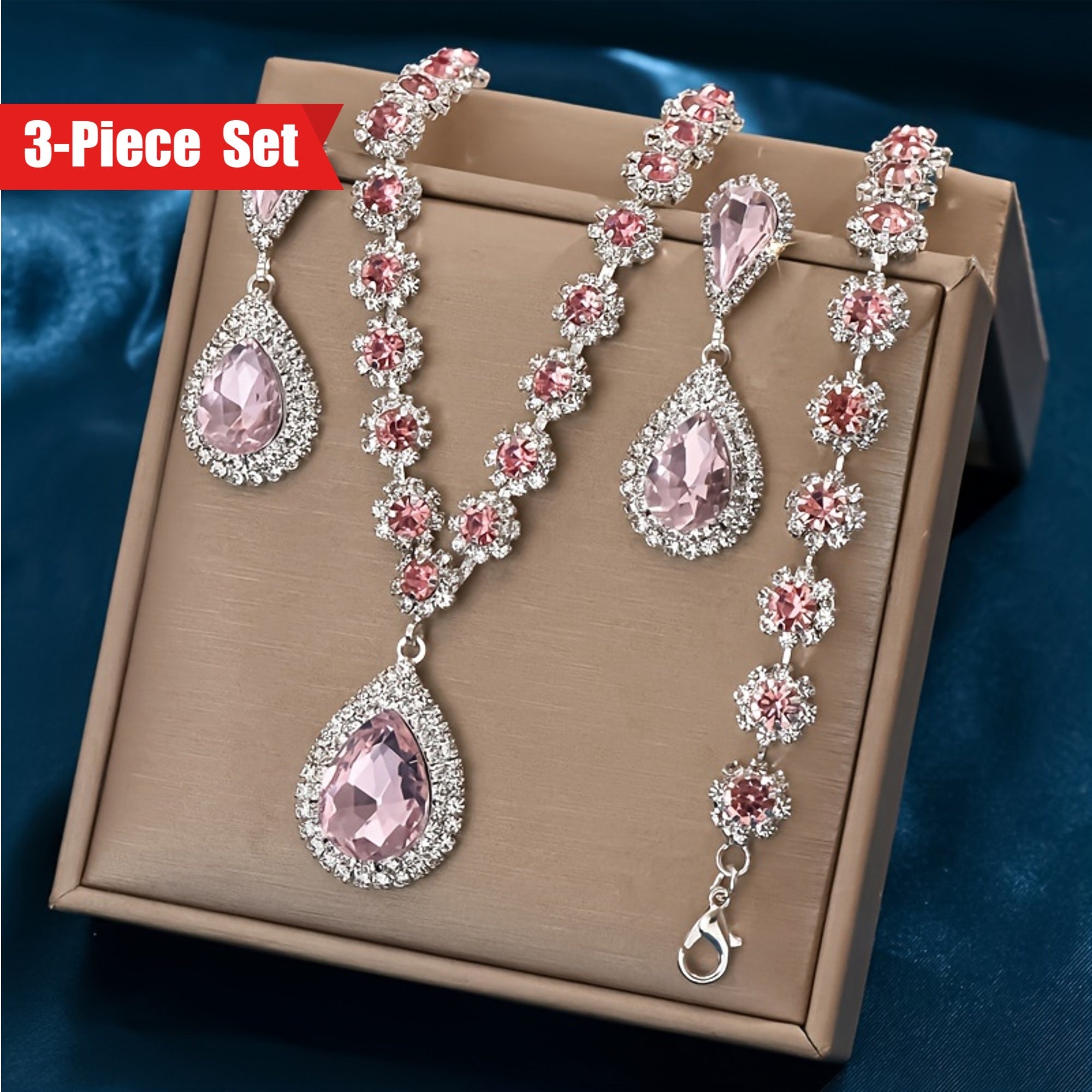 Bridal Jewelry Set: Exquisite Luxury 925 Silver Plated Set with Flower Design and Synthetic Diamonds, Featuring a Copper Construction. Includes Teardrop Necklace, Earrings, and Bracelet - Perfect for Weddings and Banquets.