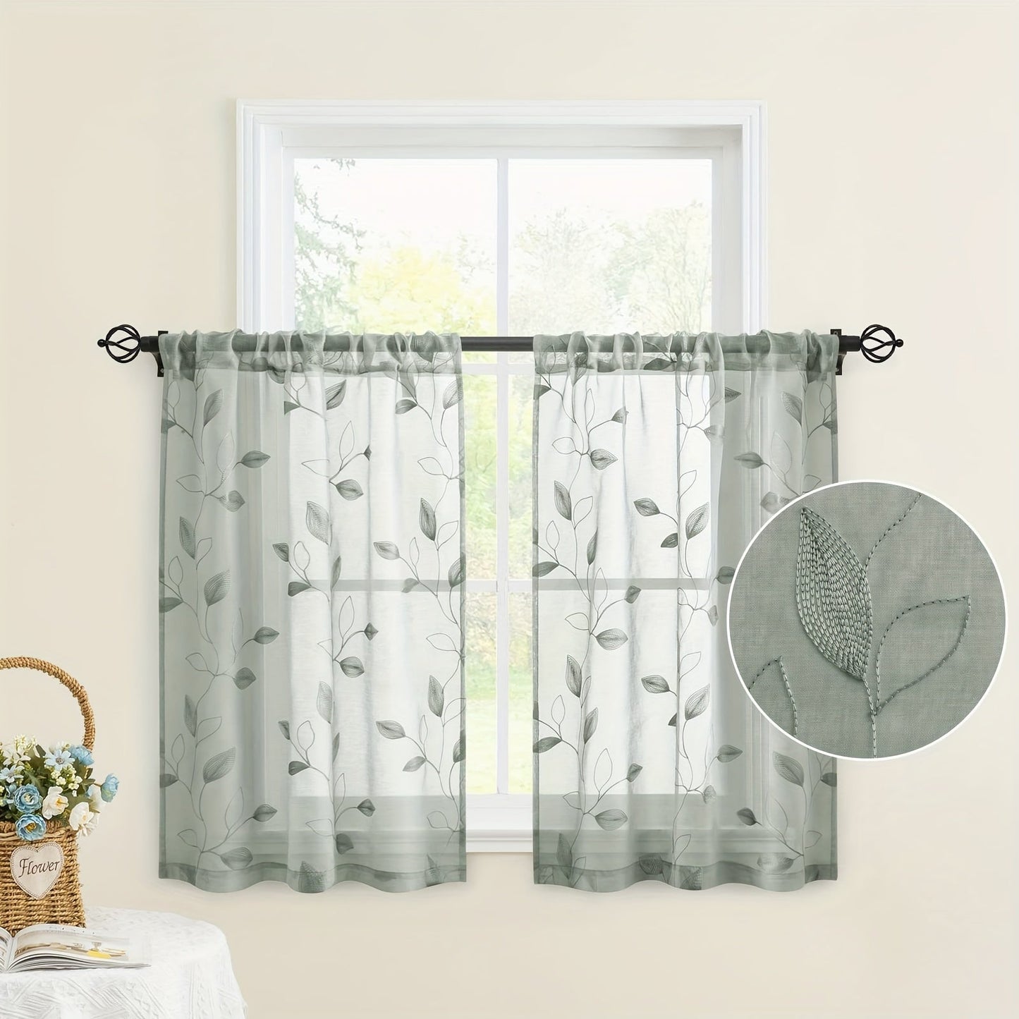 Two pieces of garden-style sheer curtains with an embroidered leaf pattern, featuring a rod pocket design. Made of polyester, these drapes are perfect for bedrooms, living rooms, and kitchens. They are machine washable and suitable for all seasons