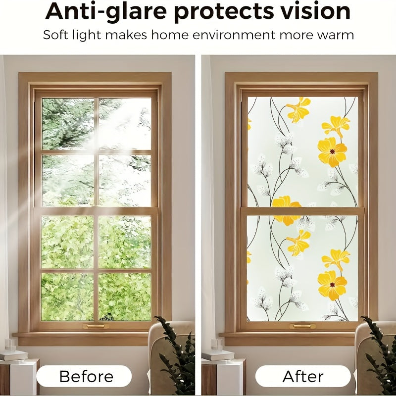 Yellow Floral Pattern Static Cling Window Film - Window Privacy Sticker for Home Decor