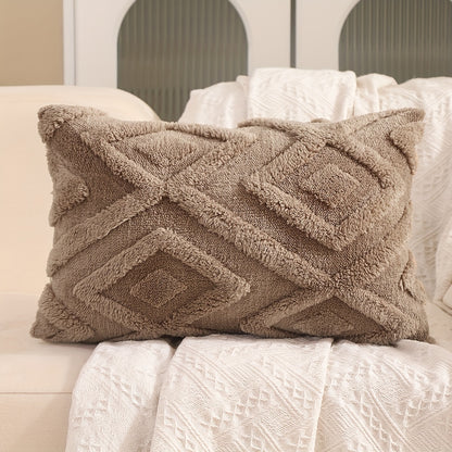 Pair of plush throw pillow covers in contemporary geometric pattern, hand wash only, 100% polyester zipper closure, beige wavy design for living room décor.