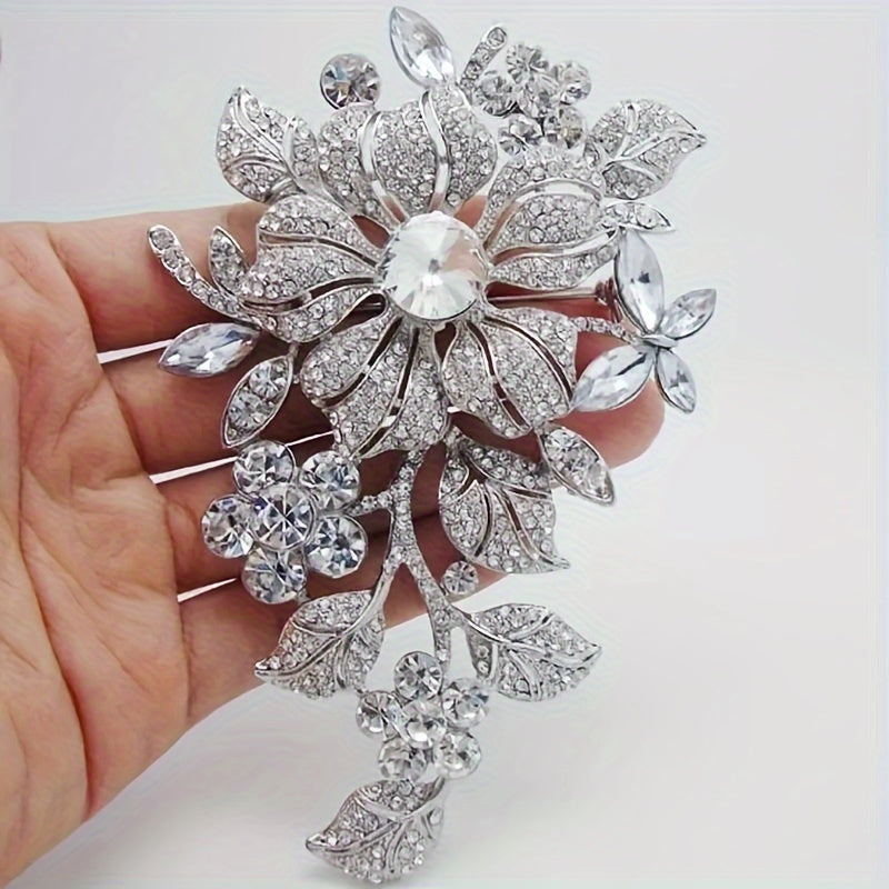 Elegant Floral Brooch Pin for Women - Beautiful Alloy Silvery-Tone with Rhinestone Accents, Fashion Accessory