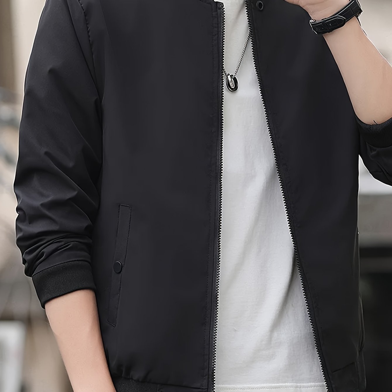 Solid Band Collar Zip-up Jacket for Men, perfect for Spring and Fall.