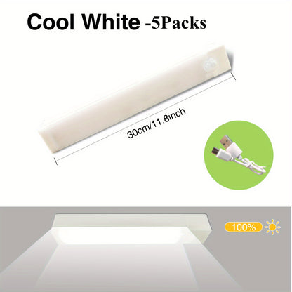 5 Pack LED motion sensor lights with USB rechargeable batteries for wireless undercounter illumination in hallways, kitchens, stairs, and wardrobes. Suitable for home decoration.