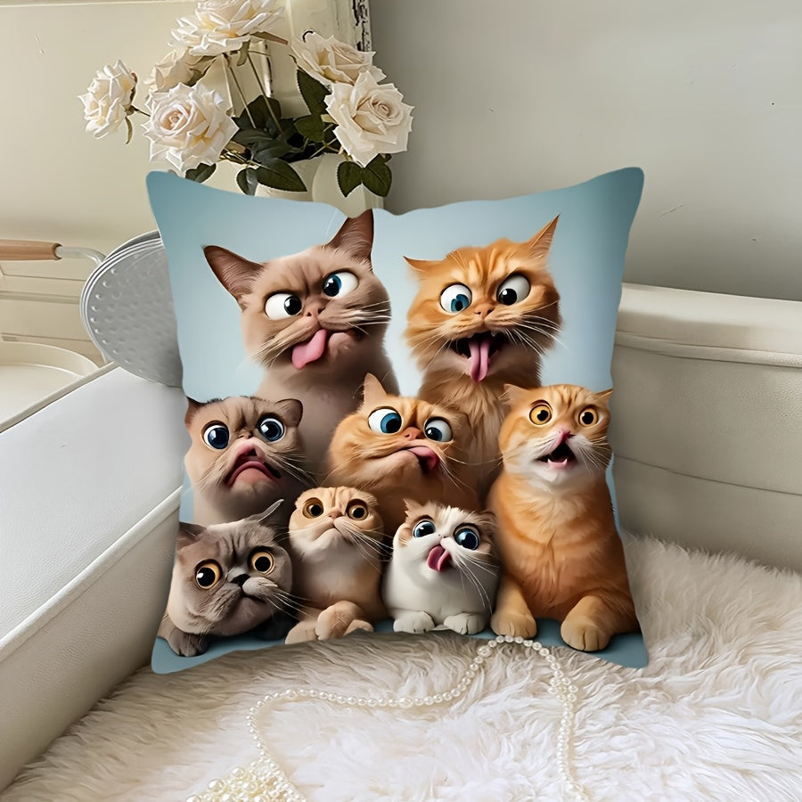 One-piece Glam Style Funny Cats Pillowcase, measuring 44.96cm x 44.96cm. Made of machine washable polyester fiber with a zipper closure. Features a woven decorative cushion cover for use on sofa, couch, or car. Single-side print, insert not included.