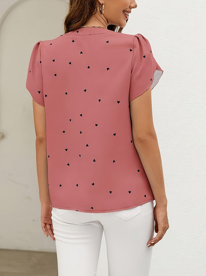 Light blue heart pattern V-neck blouse for women in casual polyester/spandex, available in petite sizes, machine washable, everyday fashion with smooth texture.