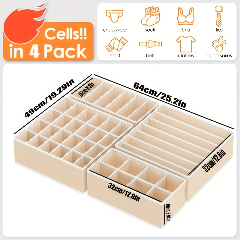 4 Collapsible Storage Boxes measuring 64.01cm X 49.0cm X 10.01cm. Ideal for organizing clothes, socks, belts, and home decor.