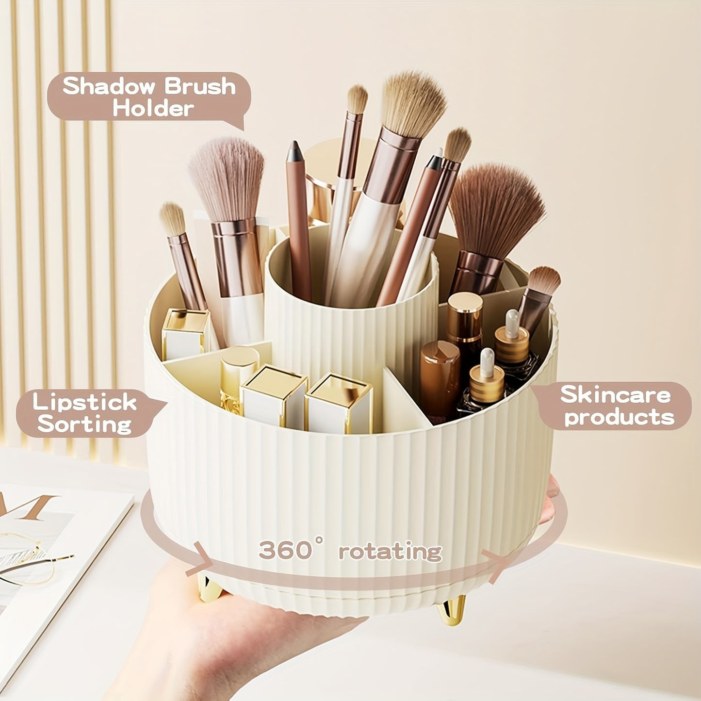 Luxury Stripe Design Makeup Organizer with 360° Rotation and 5 Compartments.