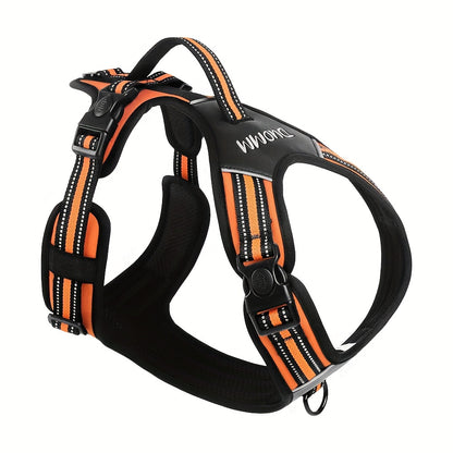 Polyester adjustable dog harness, hand-washable, with reflective material, easy-grip handle, and D-ring. Suitable for large breeds and outdoor walks.