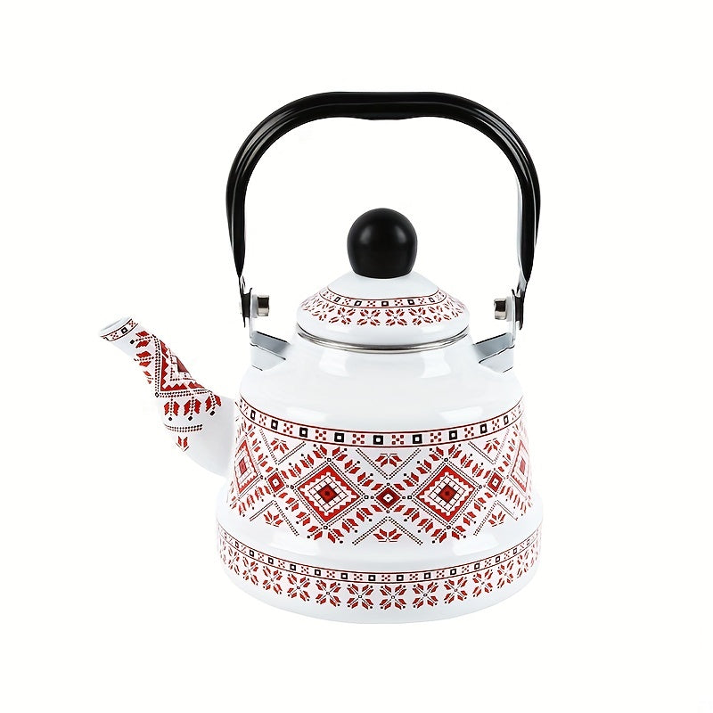 Enamel Hot Water Kettle with Geometric Print and Memory Flower Design, 1.1L capacity, suitable for household use. Features Ancient Clock and Target design. Versatile kettle suitable for brewing tea, coffee, or other beverages. Combines Middle Eastern and