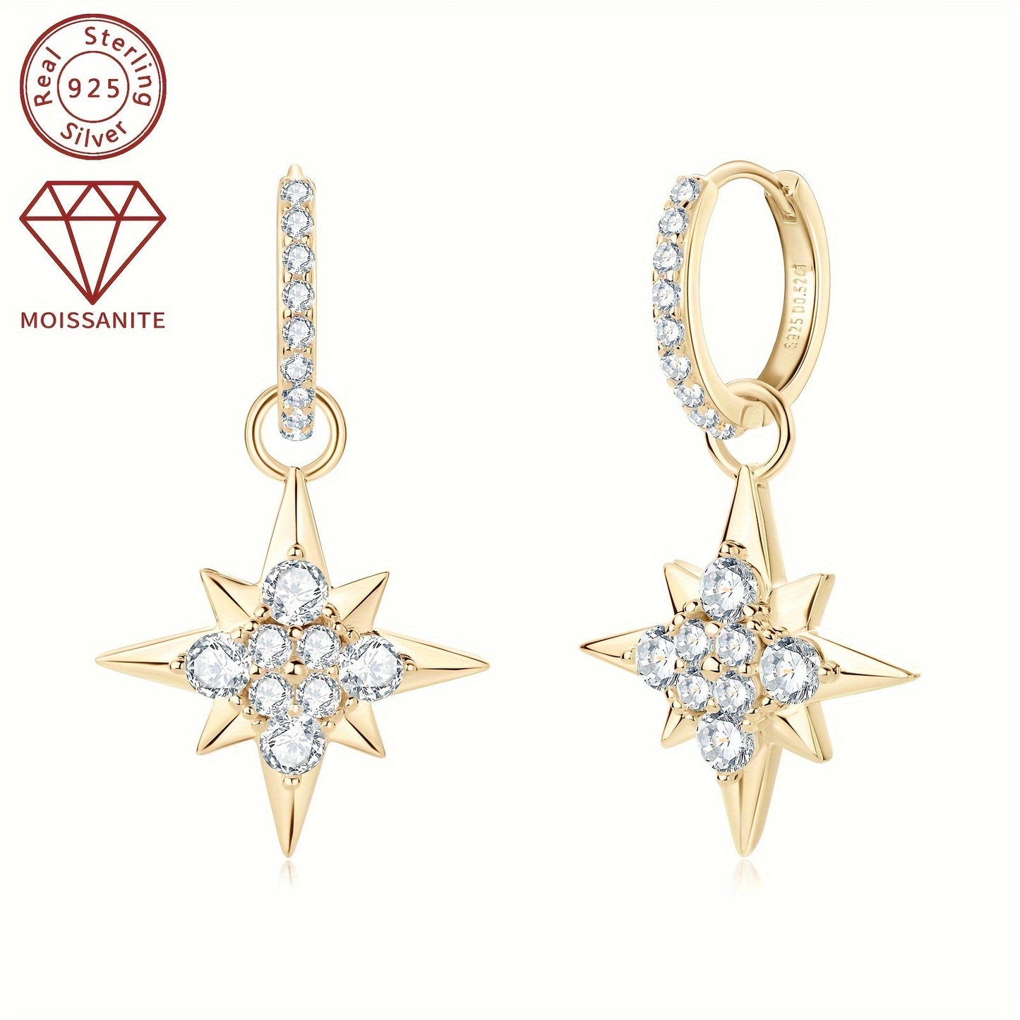 This pair of women's fashion dangling earrings features a total weight of 4.39g and is adorned with 8 pieces of 3mm moissanite stones, 8 pieces of 2mm moissanite stones, and 2 pieces of 0.52 carat moissanite stones. The earrings are crafted in 925