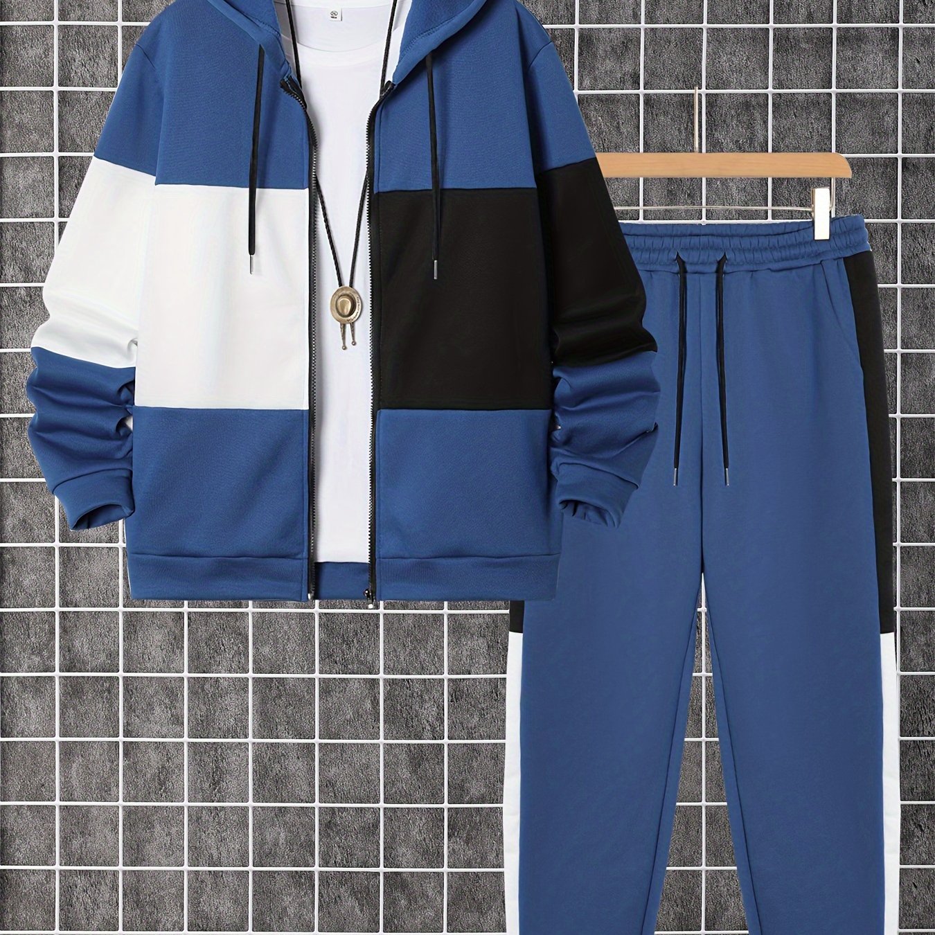 Men's 2-piece color block athletic tracksuit with long sleeve zip up hoodie, drawstring, and jogging pants for gym workouts and running.