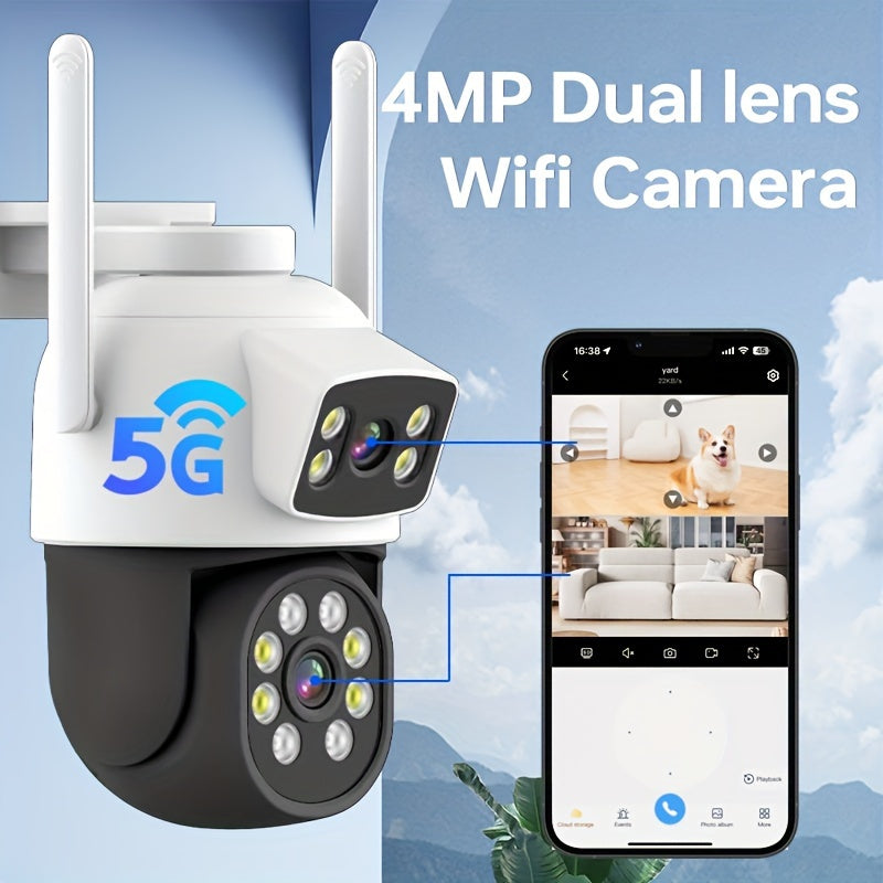 The ZHXINSD 4MP Dual Lens Security Outdoor Camera offers a 360 Degree Panoramic PTZ, Motion Detection, Full Color Night Vision, 2-Way Audio, and 1920p Resolution. This camera is equipped with 2.4GHz/5GHz WiFi connectivity and made of ABS material. It is