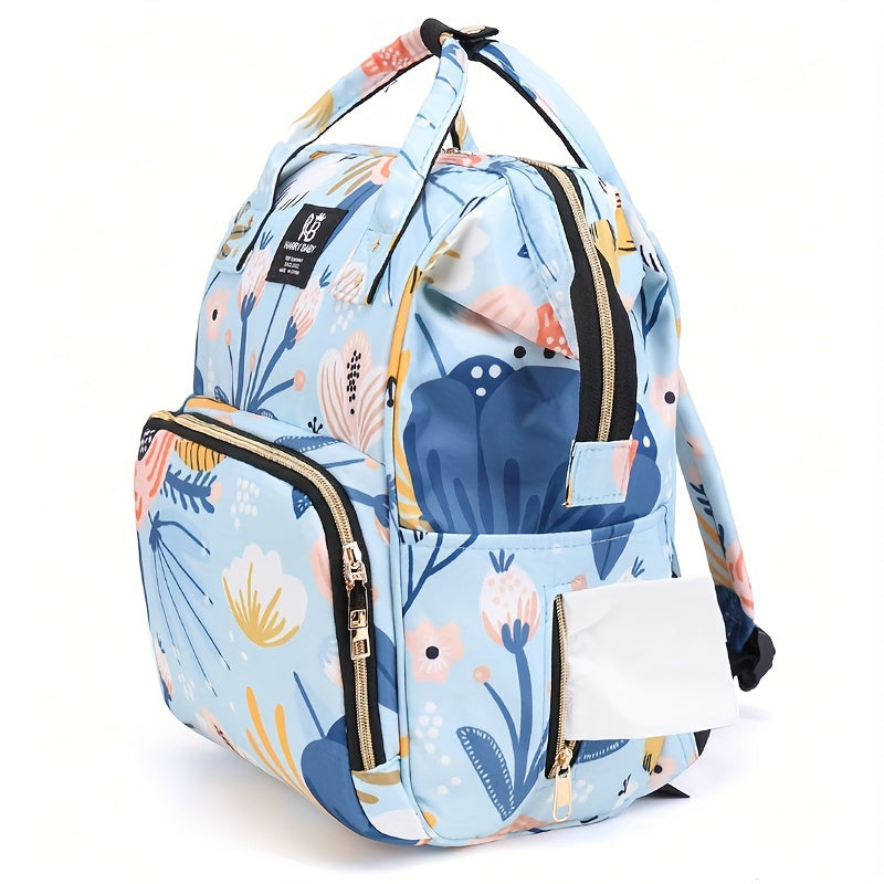 Stylish and Spacious Diaper Backpack with Floral Accents - Multi-Functional, Easy to Clean with Convenient Pockets, Perfect for Travel