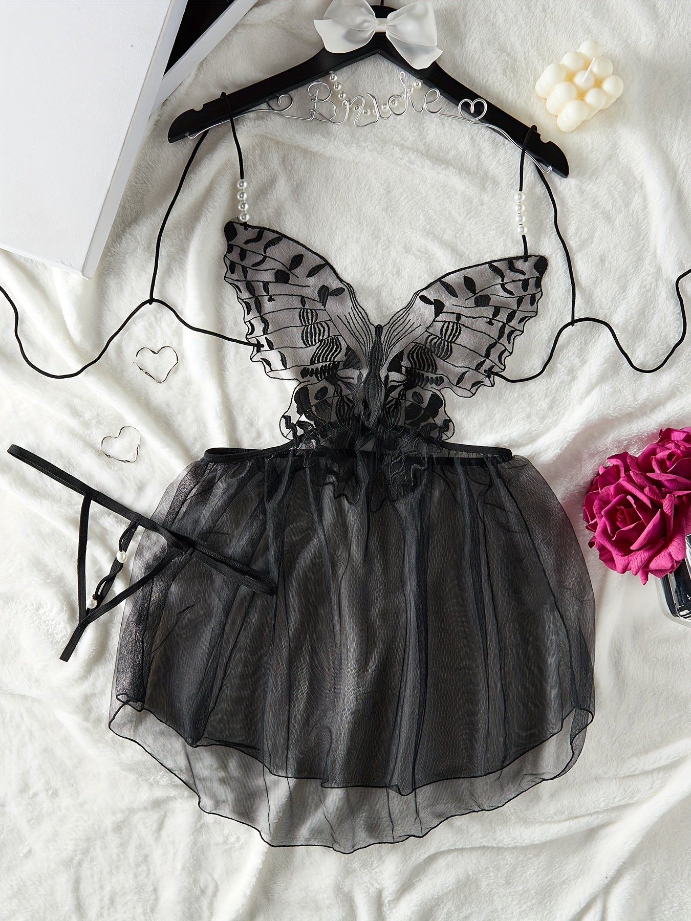 Seductive sheer mesh babydoll dress with butterfly embroidery, lace-up and backless design for women.