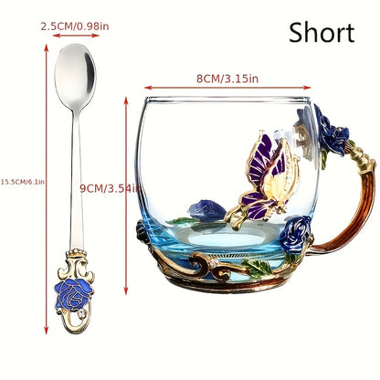 11.8oz Clear Glass Tea Cup Set with Coaster, Spoon, and Elegant Flower Pattern - Perfect for Coffee, Water, or Summer/Winter Drinks - Ideal Gift for Birthdays