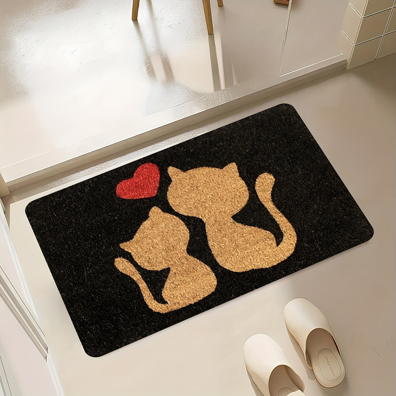 Whisker Wonders Cat Silhouette Doormat - Polyester Mat with Non-Slip Backing, Machine Washable, Indoor/Outdoor Rug with Heart Design for Front Door Entryway