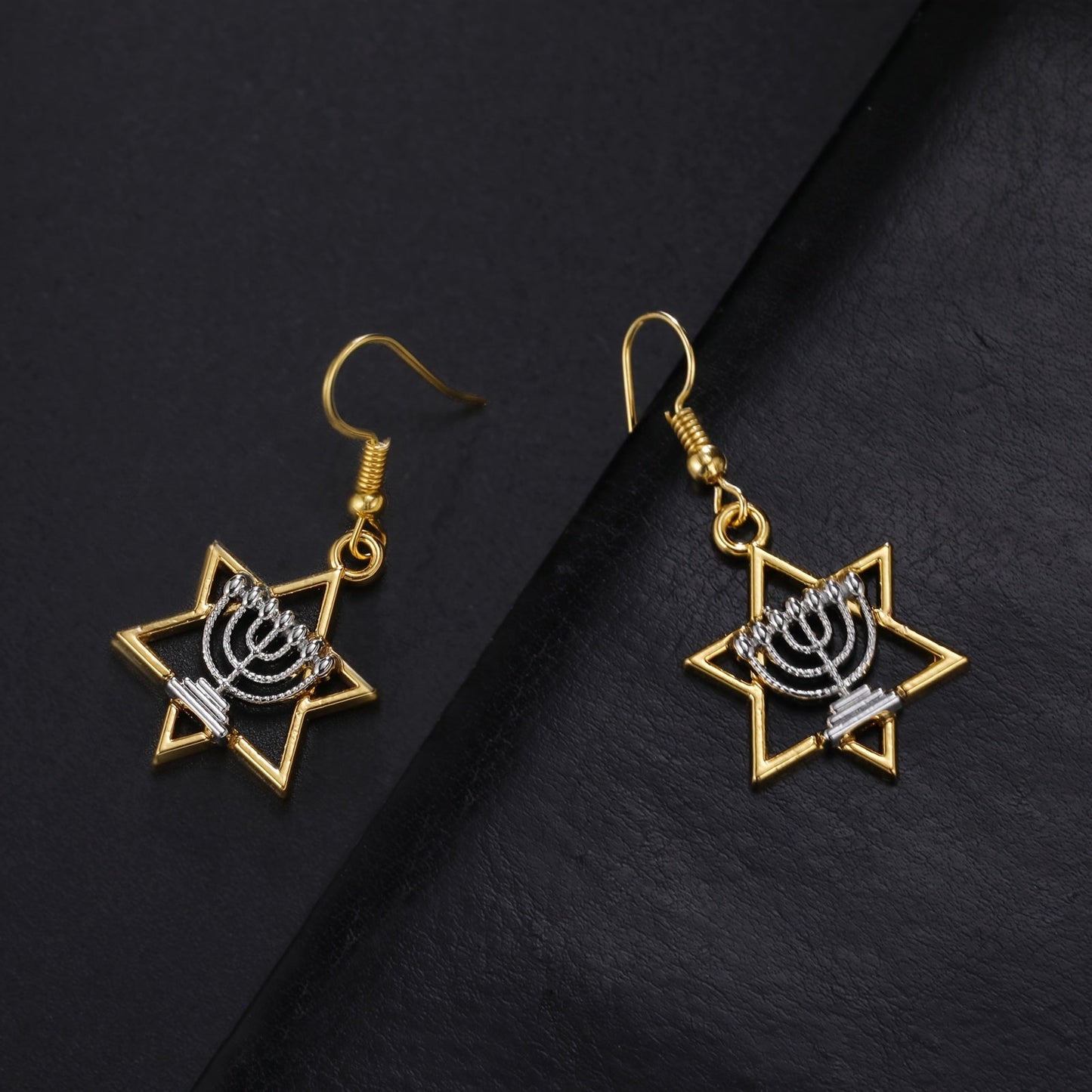 Pair of Elegant Drop Earrings featuring Vintage Style Jewish Star of David with Menorah Design, Made of 14K Gold Plated Zinc Alloy, Stainless Steel Hooks, Perfect for Daily and Party Wear